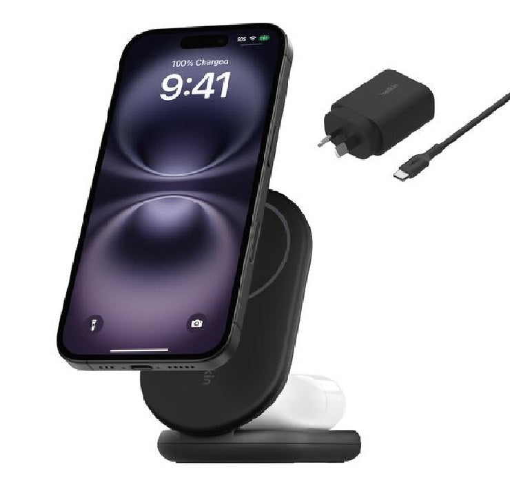 Belkin BoostCharge 2-in-1 Magnetic Foldable Qi2 Wireless Charger + 36W Wall Charger + USB-C Cable (1.5M) - Black (WIZ028auBK),15W, 2 Years Warranty Belkin BoostCharge 2-in-1 Magnetic Foldable Qi2 Wireless Charger + 36W Wall Charger + USB-C Cable (1.5M) - Black (WIZ028auBK),15W, 2 Years Warranty